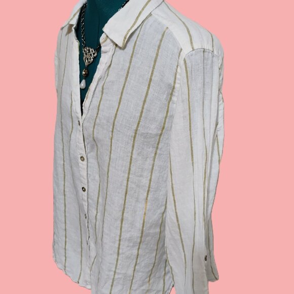 Sigrid Olsen 100% linen striped blouse features long sleeves turn-up sleeves L - Picture 3 of 9